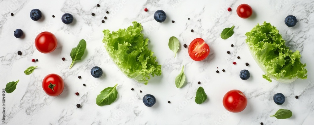 Top view photo of different fresh vegetables, berries and greens on the surface. Cherry tomatoes, blueberries, peppers, lettuce etc. Top view photo of different fresh vegetables, berries and greens on the surface. Cherry tomatoes, blueberries, peppers, lettuce etc.
