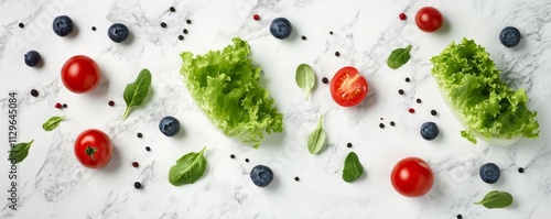 Top view photo of different fresh vegetables, berries and greens on the surface. Cherry tomatoes, blueberries, peppers, lettuce etc.