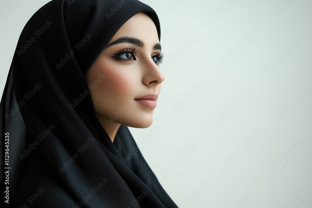 Beautiful young Arab woman in black hijab posing sideways. Beautiful young Arab woman in black hijab posing sideways.