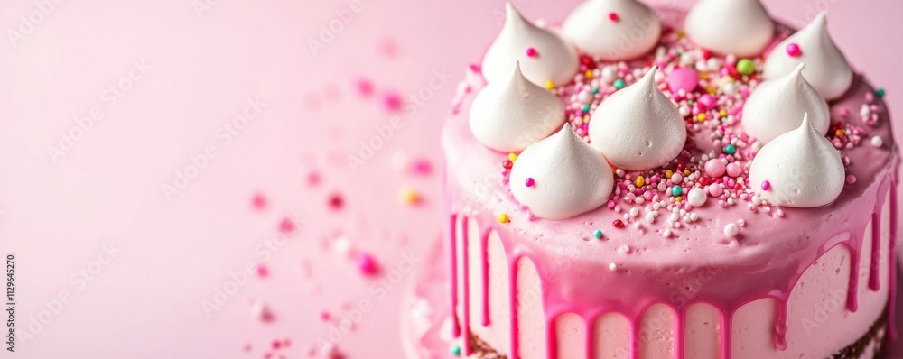 Vibrant pink drip cake with meringue topping and decorative sprinkles on light pink background. Space for copyspace. Vibrant pink drip cake with meringue topping and decorative sprinkles on light pink background. Space for copyspace.