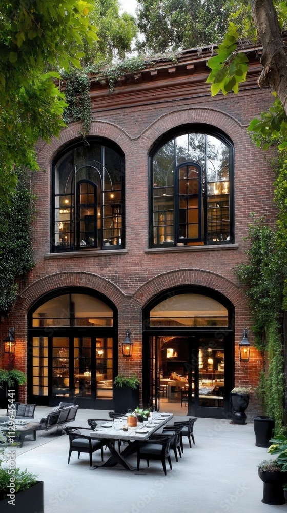 A sleek patio showcases large glass doors that open into a bright interior, surrounded by greenery and plants, providing a peaceful outdoor retreat with cozy seating A sleek patio showcases large glass doors that open into a bright interior, surrounded by greenery and plants, providing a peaceful outdoor retreat with cozy seating