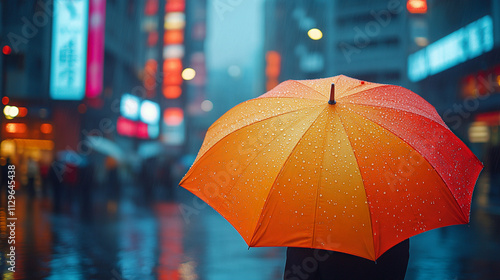 Wallpaper Mural A person holds a vibrant red and yellow umbrella while walking through a bustling city during a heavy rain shower at night, illuminated by colorful neon lights Torontodigital.ca