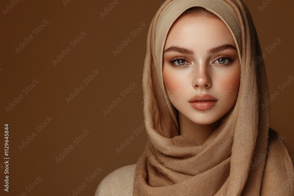 Beautiful modern Muslim woman in beige hijab natural makeup. Beautiful modern Muslim woman in beige hijab natural makeup.