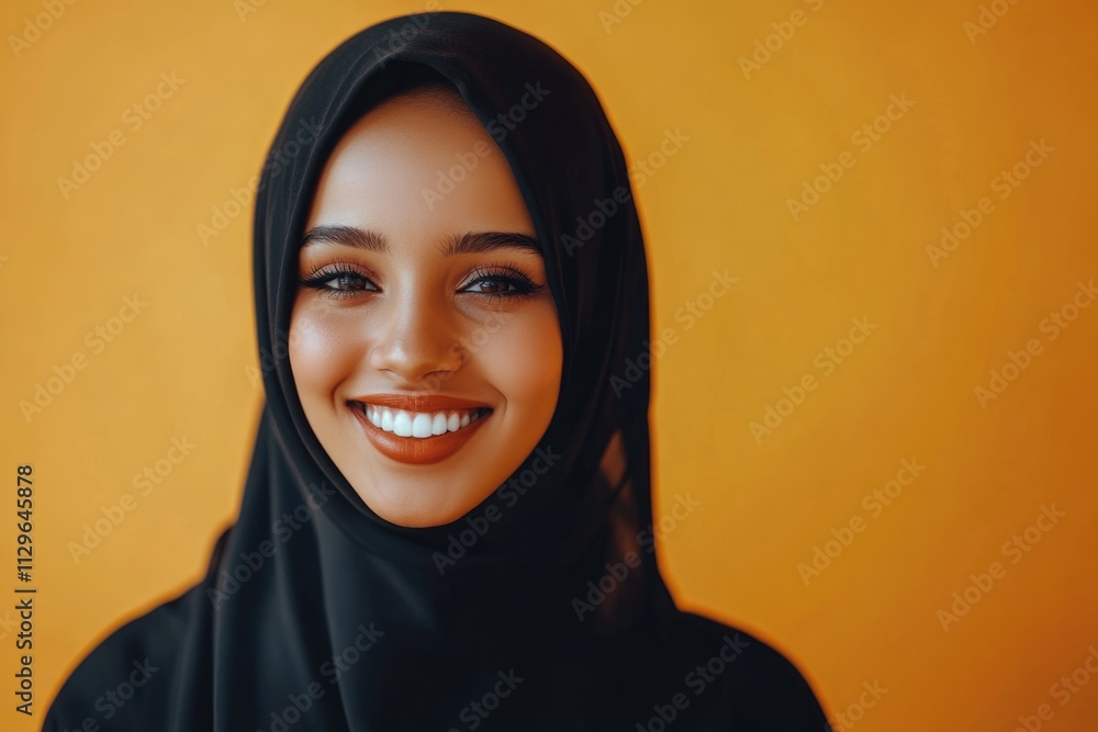 portrait of beautiful young smiling muslim woman in traditional religious hijab on orange background portrait of beautiful young smiling muslim woman in traditional religious hijab on orange background