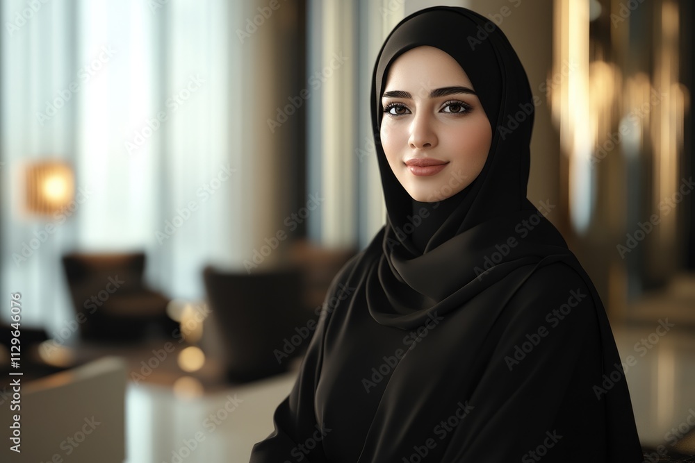 Emirati Arab woman in corporate banking attire indoors. Emirati Arab woman in corporate banking attire indoors.