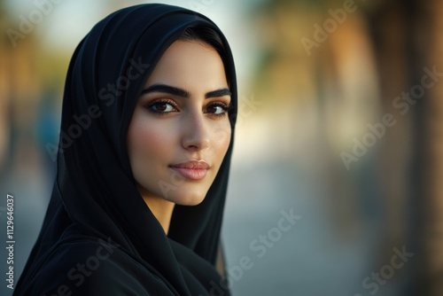 Emirati woman in traditional attire gazes into distance.