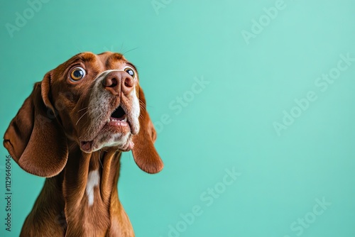 Curious brown dog with expressive eyes poses against a turquoise background capturing attention in a playful moment. Generative AI photo