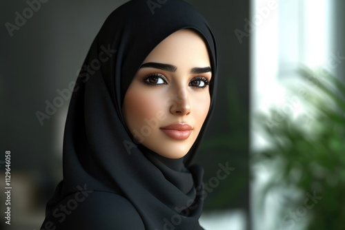 Emirati Arab woman in corporate banking attire indoors.