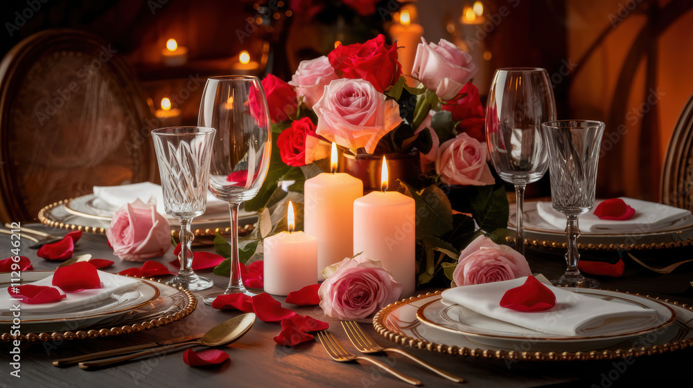 Romantic Candlelit Dinner with Roses - Elegant Dinner Table Setting Romantic Candlelit Dinner with Roses - Elegant Dinner Table Setting