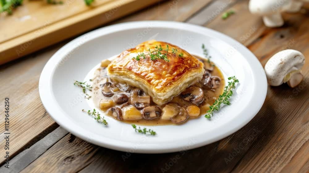 Zooming in on a Delicious Plate of Mushroom Pot Pie on a Wooden Table Zooming in on a Delicious Plate of Mushroom Pot Pie on a Wooden Table