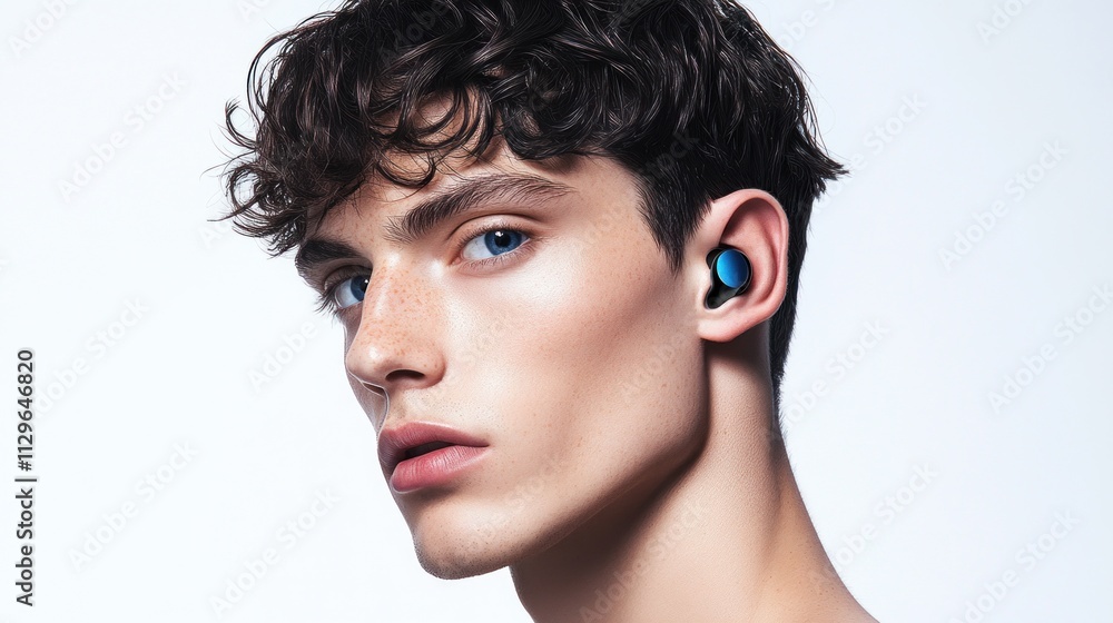 A male white model with French crop black hair and blue eyes wearing earbuds on white background A male white model with French crop black hair and blue eyes wearing earbuds on white background