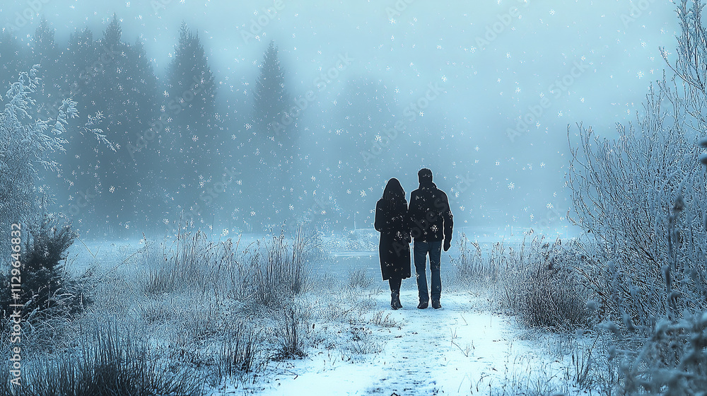 A couple strolls hand in hand along a quiet, snow-dusted path in a park during winter. Softly falling snowflakes illuminate the scene under warm street lights A couple strolls hand in hand along a quiet, snow-dusted path in a park during winter. Softly falling snowflakes illuminate the scene under warm street lights