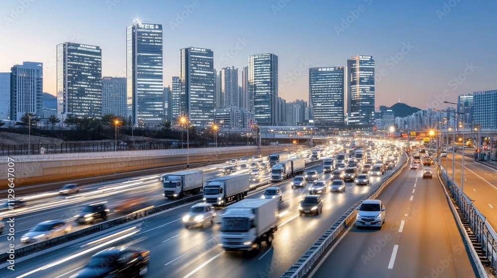 Naklejka premium As twilight sets in, an urban highway bustles with traffic. Skyscrapers tower in the background, reflecting the lights of vehicles zooming past, creating a lively city atmosphere