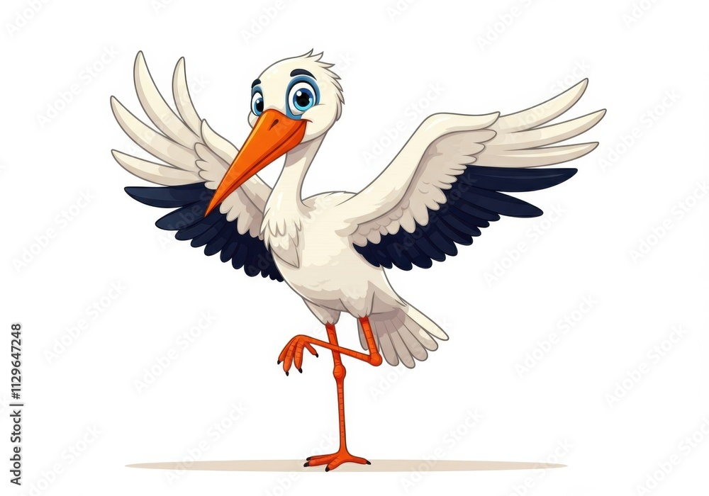 Fototapeta premium A cheerful cartoon stork stands on one leg with its wing extended playfully.