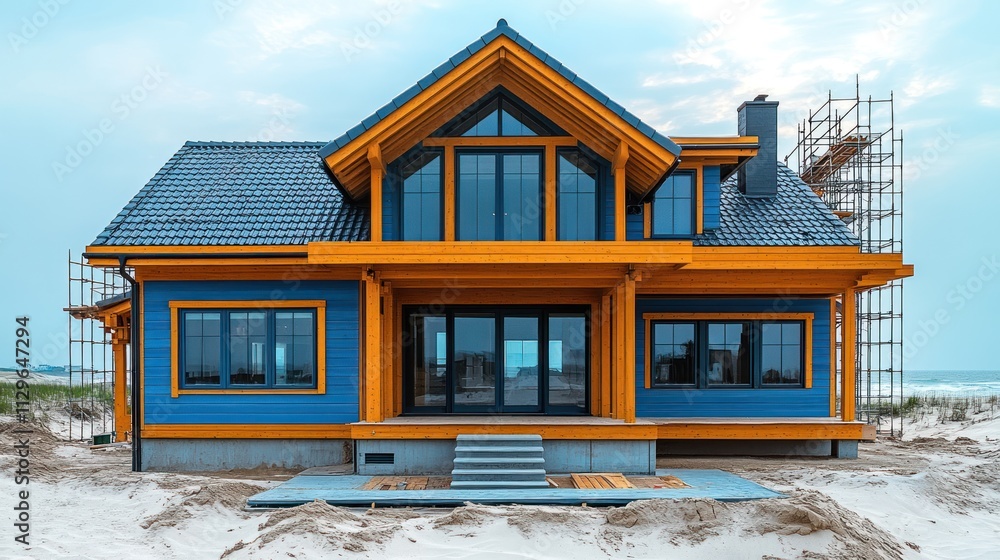 Modern beach house under construction by the shore. Modern beach house under construction by the shore.
