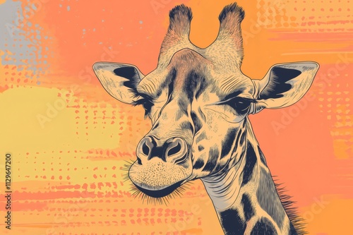 Artistic illustration of a giraffe's head and neck, featuring detailed linework and a warm color palette photo