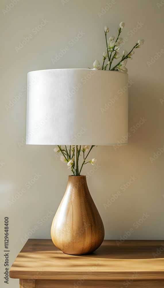 a wooden table lamp with a white shade placed on a table against a cream wall - a wooden table lamp with a white shade placed on a table against a cream wall -