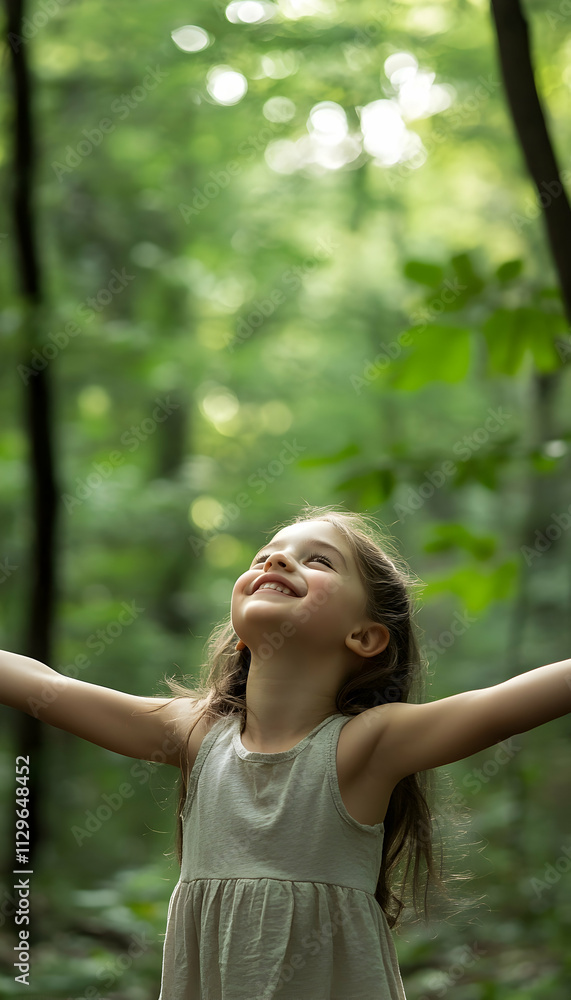a young girl embracing the beauty of nature, smiling with her arms outstretched in a forest  -