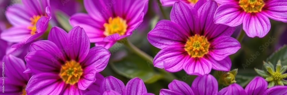 Close-up of vibrant purple flower petals and delicate green leaves, pattern, flower, macro Close-up of vibrant purple flower petals and delicate green leaves, pattern, flower, macro
