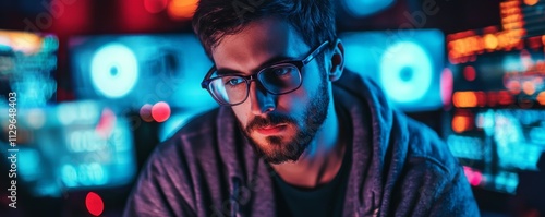 Young hacker surrounded by floating holographic screens, dark room with neon lights, intense focus and tech vibes