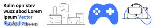 City skyline, blue gaming controller, VR headset. Ideal for technology blogs, urban development, gaming, virtual reality, educational content, tech presentations, digital marketing. Landing page