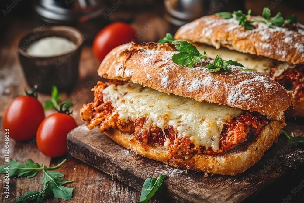 Parmesan chicken sandwich on a rustic wood backdrop Parmesan chicken sandwich on a rustic wood backdrop