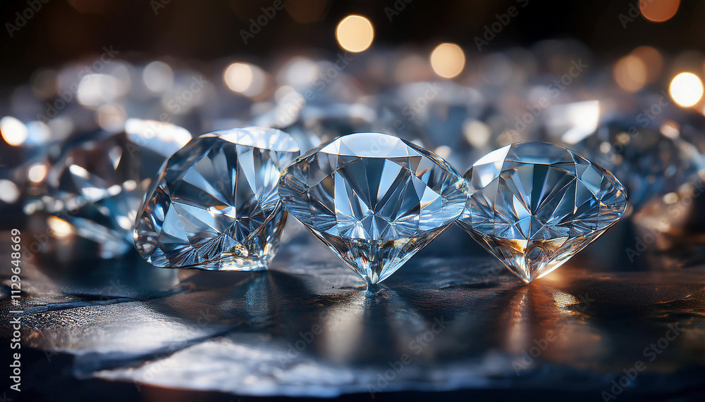 Sparkling blue diamonds are arranged on a reflective surface with beautiful bokeh lighting effects in the background. Sparkling blue diamonds are arranged on a reflective surface with beautiful bokeh lighting effects in the background.