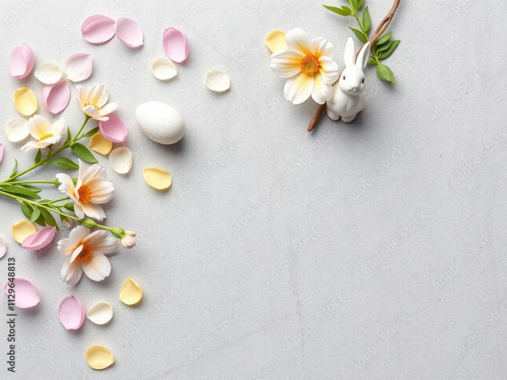 Easter eggs, colorful flowers, and a bunny figurine arranged on a grey concrete background, grey, petals, flowers Easter eggs, colorful flowers, and a bunny figurine arranged on a grey concrete background, grey, petals, flowers