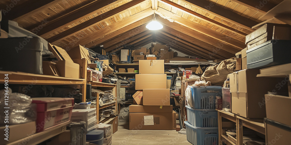 A cluttered attic filled with cardboard boxes, plastic bins, and assorted stored items, all tucked under a sloped wooden ceiling with overhead lighting, reflecting A cluttered attic filled with cardboard boxes, plastic bins, and assorted stored items, all tucked under a sloped wooden ceiling with overhead lighting, reflecting