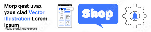 Smartphone screen with shopping icons and a shop sign with a notification bell gear. Ideal for e-commerce technology mobile applications online shopping notifications and user interface design