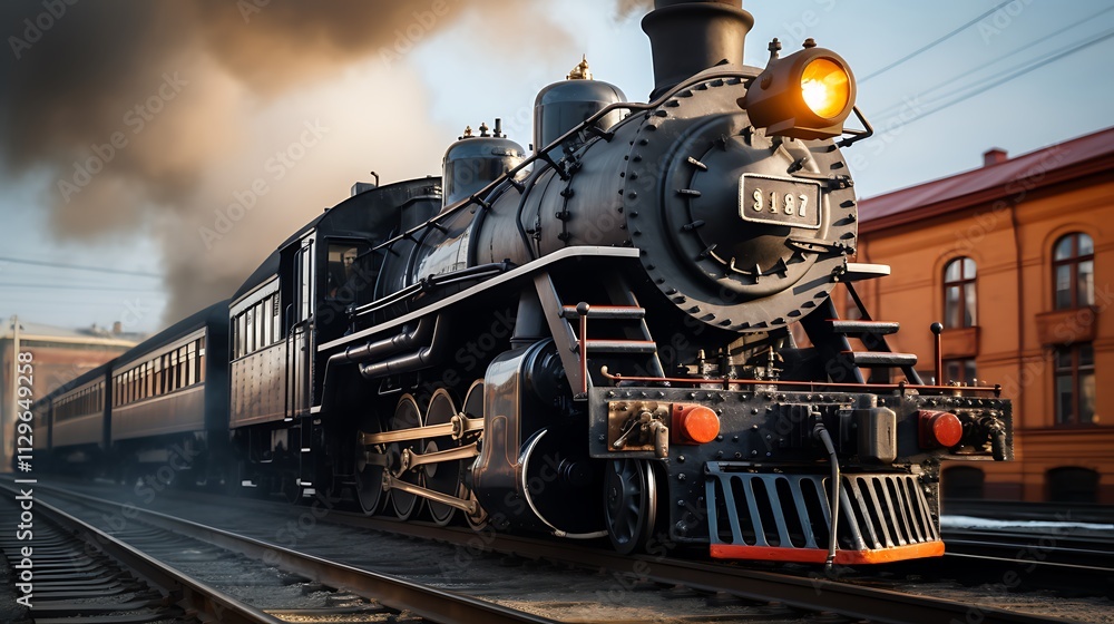 Fototapeta premium Vintage steam locomotive with passenger cars in a railway setting.
