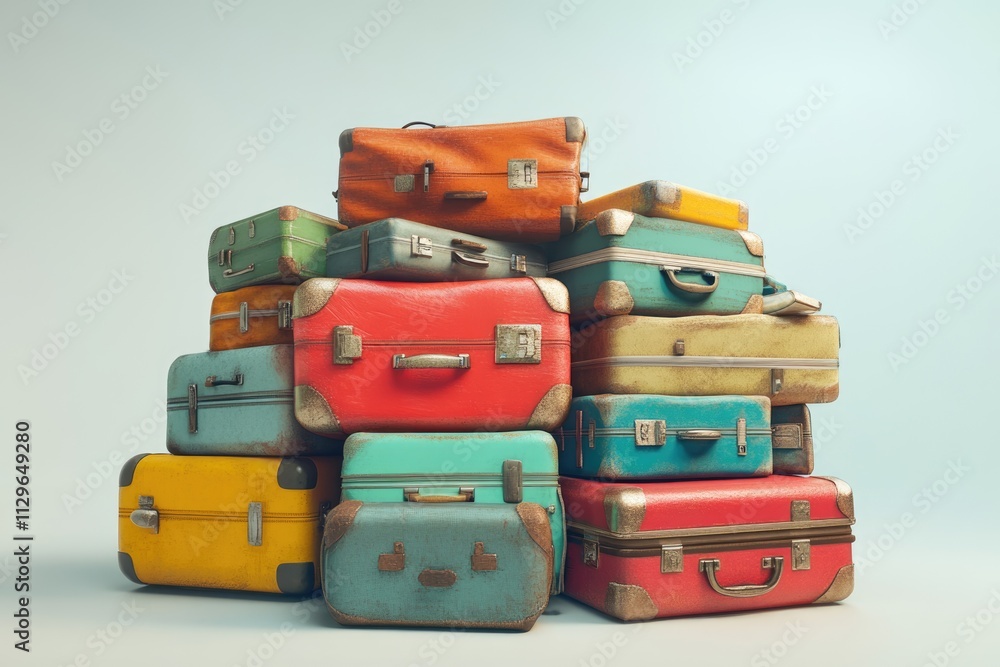 Heavy luggage pile on white wall background overweight concept. Heavy luggage pile on white wall background overweight concept.