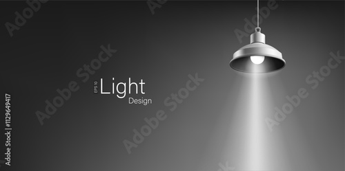Black hanging chandelier shining on dark background, 3D. Realistic lamp for interior, industry, technology, advertising concepts. Vector illustration.