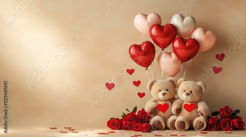 Two teddy bears with heart-shaped balloons and roses creating a romantic atmosphere for a special occasion