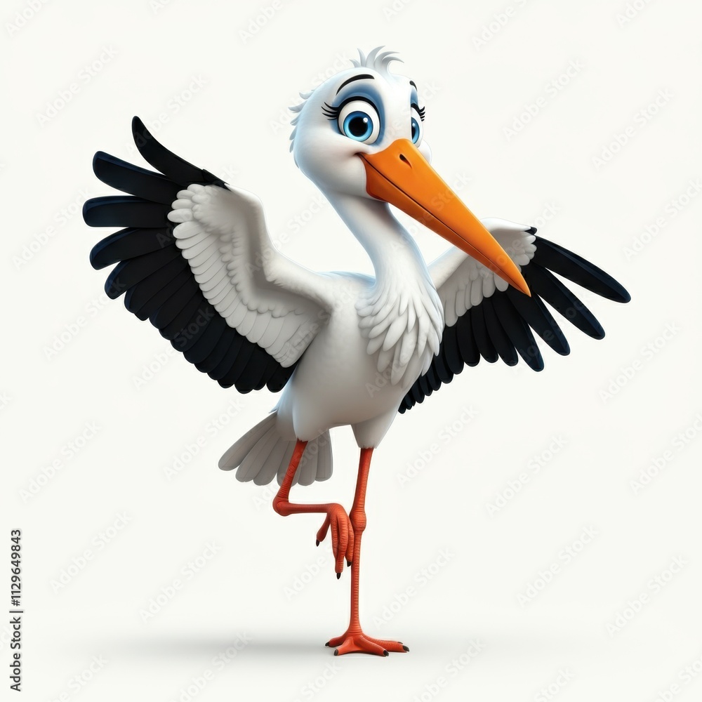 Obraz premium A cheerful cartoon stork stands on one leg with its wing extended playfully. 