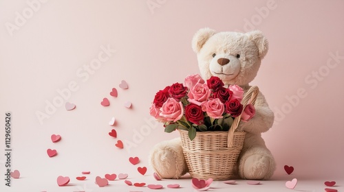 Teddy bear holds wicker basket filled with pink and red roses against a soft pink background