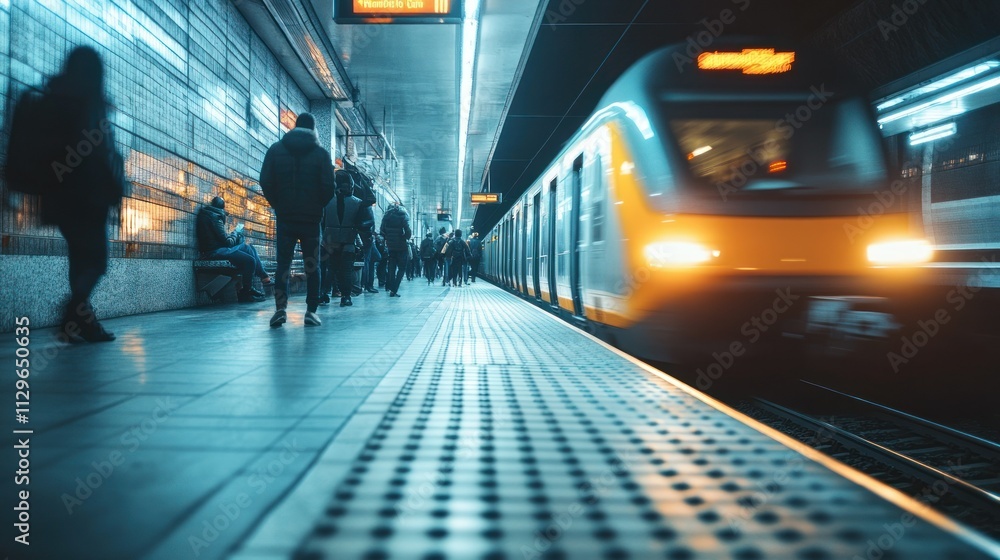 Train arriving at a busy underground station. Train arriving at a busy underground station.