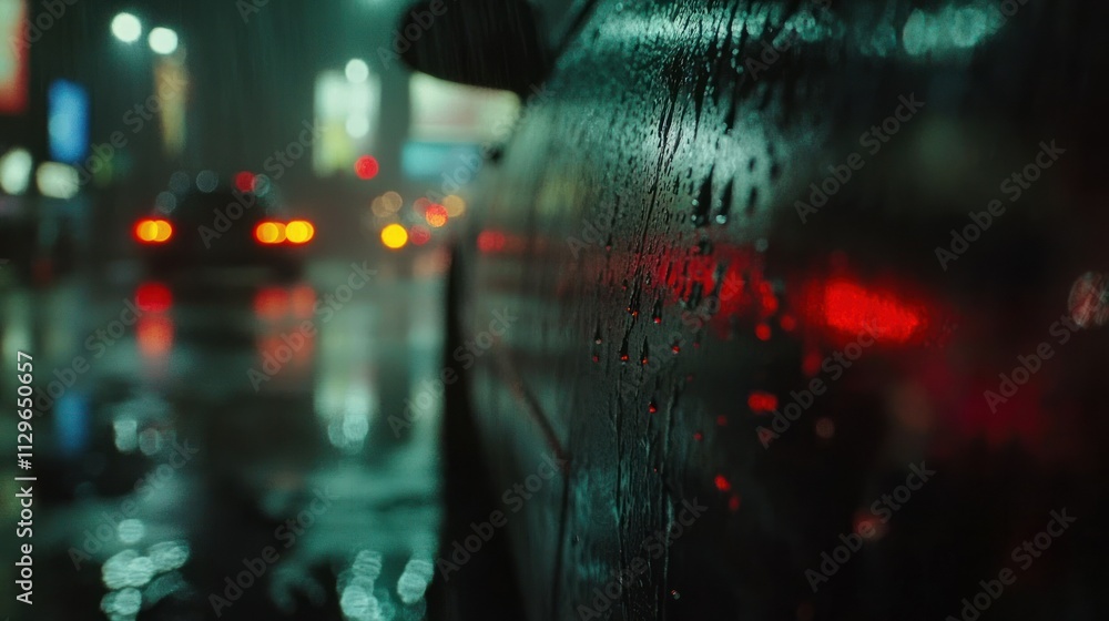 Fototapeta premium Rain-soaked car in a city at night.
