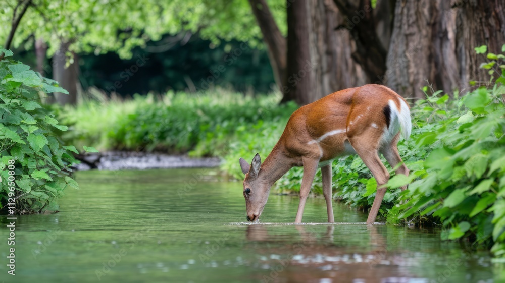 Obraz premium A deer is drinking water from a stream.