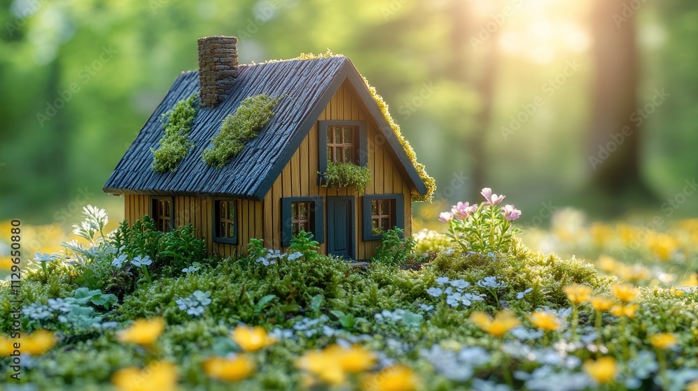 Miniature house surrounded by flowers and greenery. Miniature house surrounded by flowers and greenery.