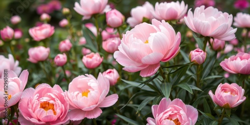 Soft and delicate pink peony flowers in full bloom creating a beautiful background, feminine, soft