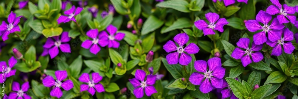 Vibrant purple flower petals and delicate leaves in a peaceful garden setting, purple flowers, botanical, flora Vibrant purple flower petals and delicate leaves in a peaceful garden setting, purple flowers, botanical, flora