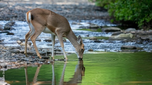 A deer is drinking water from a stream.