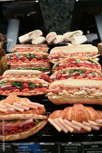 Mouth-watering meat and vegetable rolls, salmon and ham sandwiches; nuggets in the cafe window