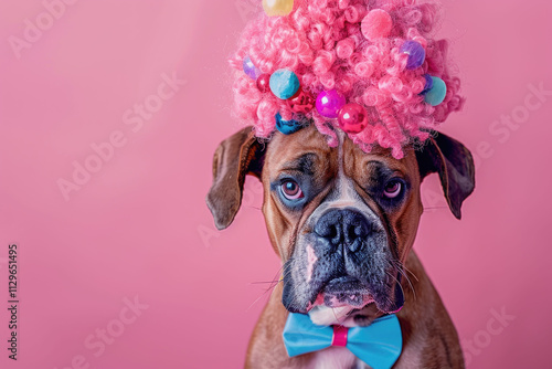 Dog in pink shower cap with colorful foam against a soft pink background