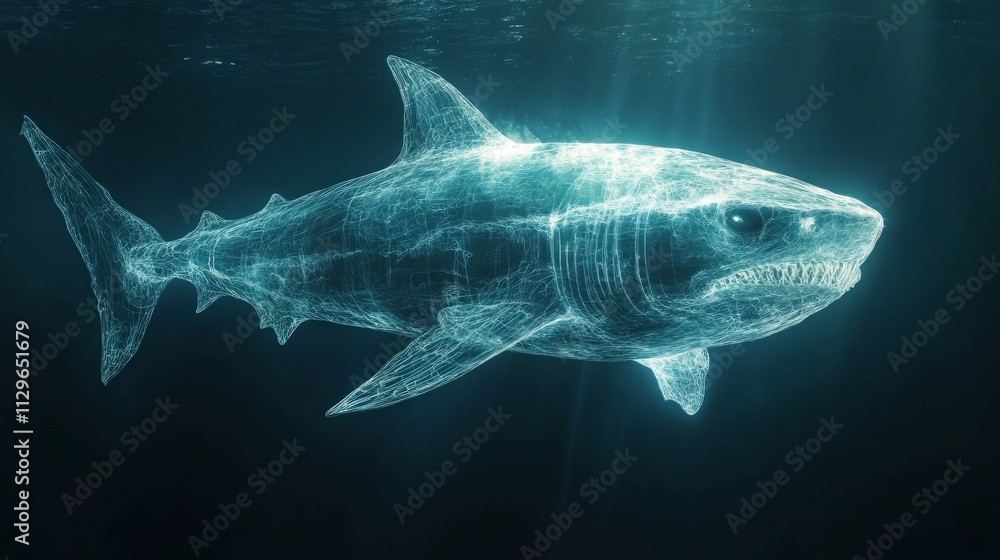 Naklejka premium Glowing Alien Shark in Fantasy Underwater Realm, a massive transparent creature rests on the ocean floor, illuminating the vibrant marine landscape with its ethereal light