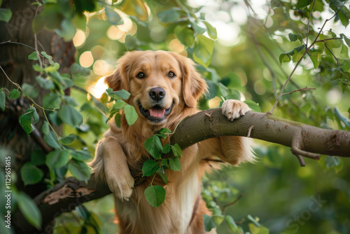 A dog playfully peeking through lush green leaves in a vibrant forest setting