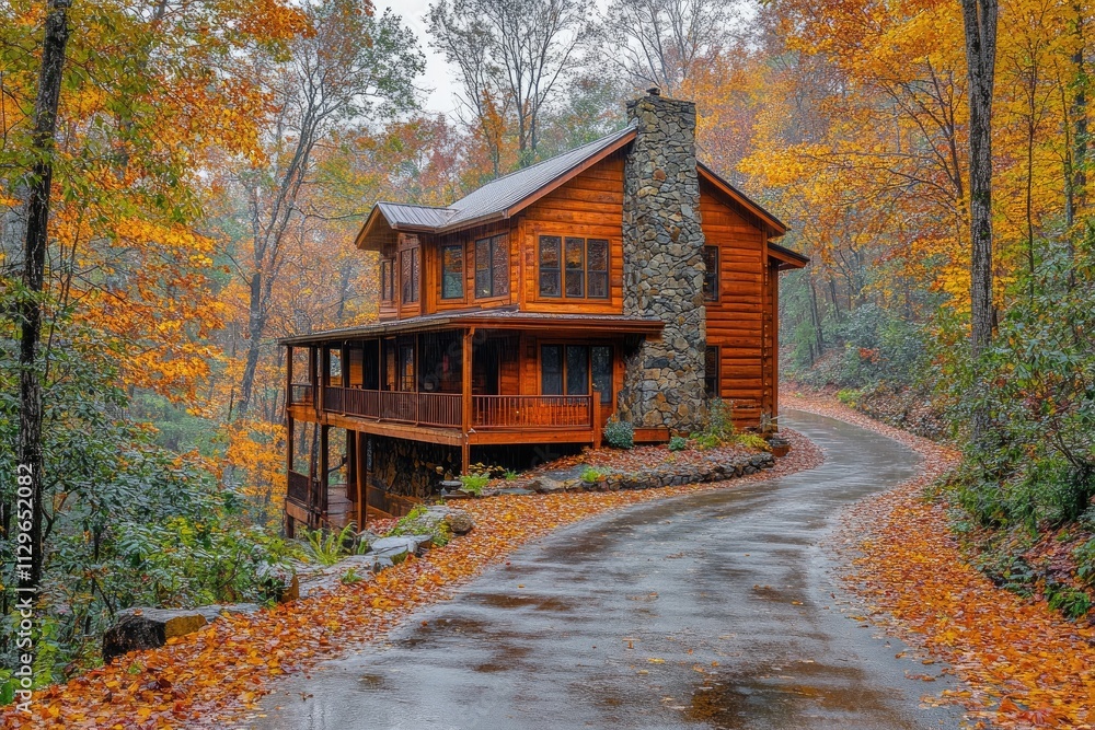 Cozy wooden cabin nestled in vibrant autumn woods on a rainy day Cozy wooden cabin nestled in vibrant autumn woods on a rainy day
