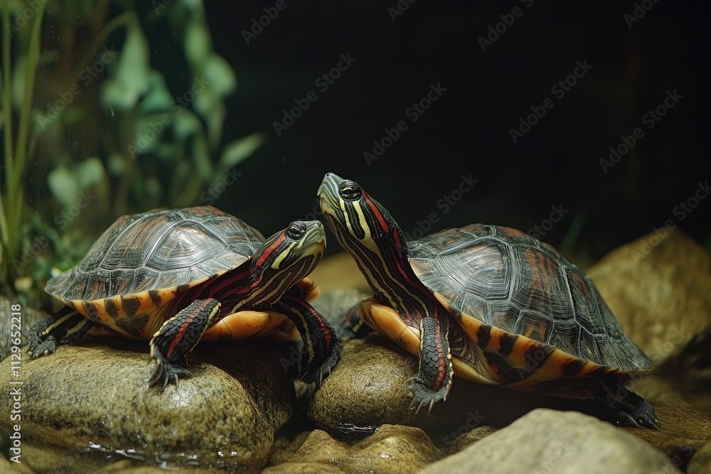 Obraz premium Two red-eared slider turtles resting on rocks in a pond