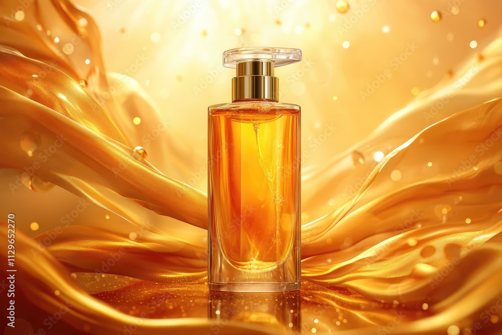 Elegant perfume bottle displayed on flowing golden fabric with sparkling background Elegant perfume bottle displayed on flowing golden fabric with sparkling background